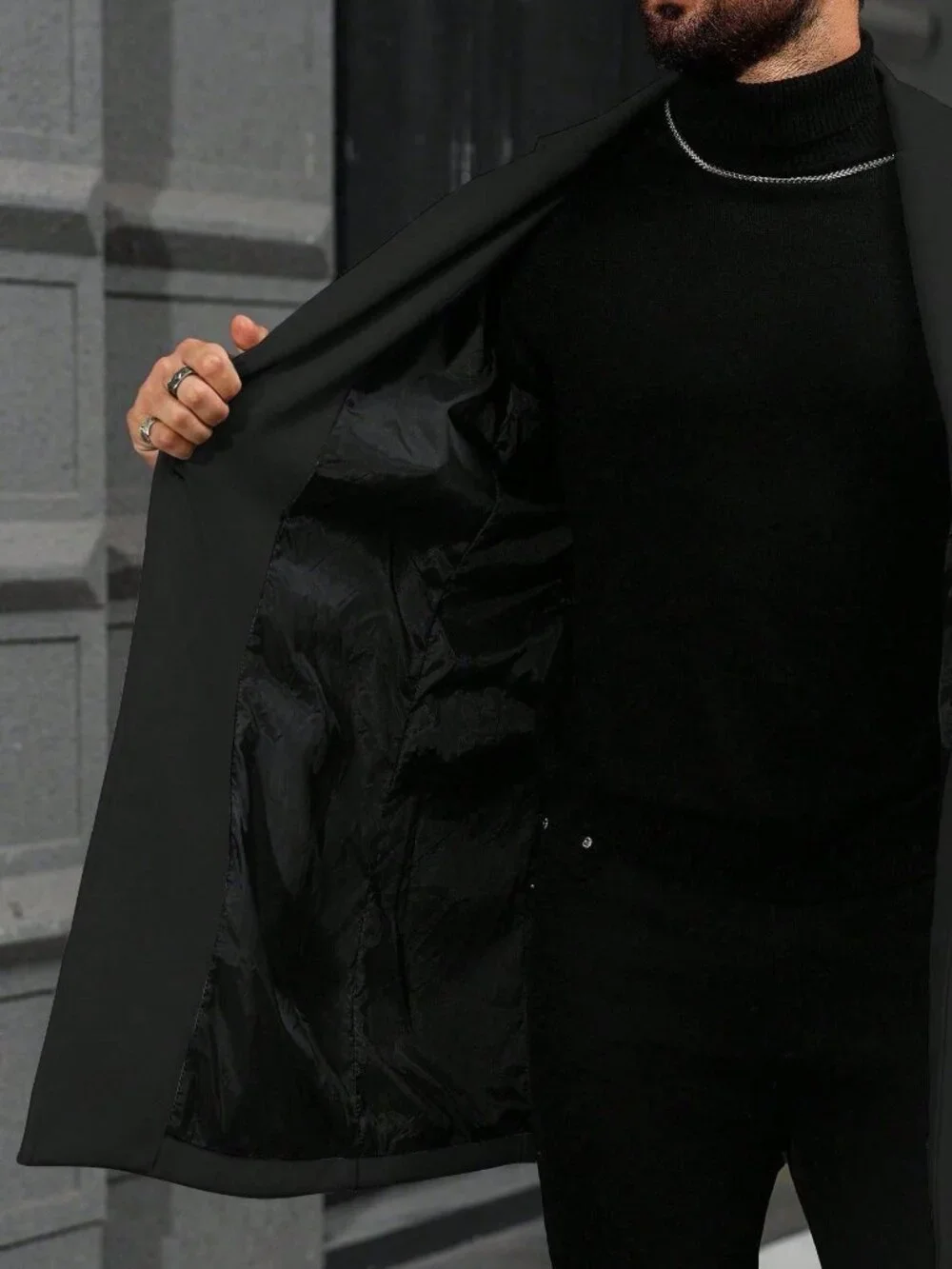 Black Casual Men's Double Breasted Long Sleeve Overcoat
